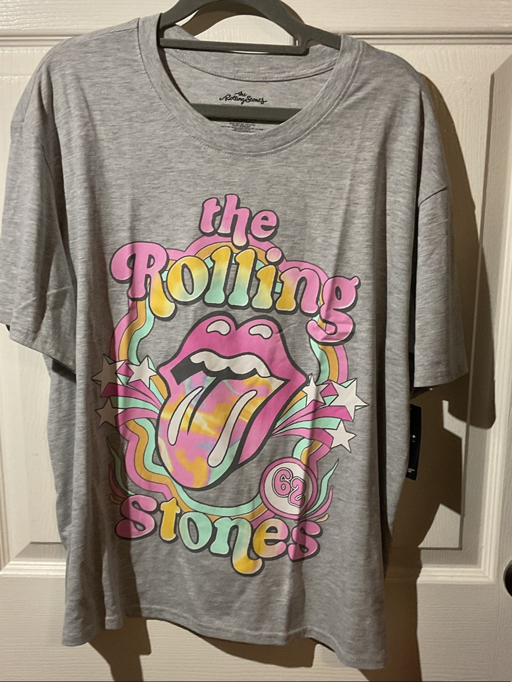 NWT The Rolling Stones Gray Tee with Pink, Yellow & Teal Logo